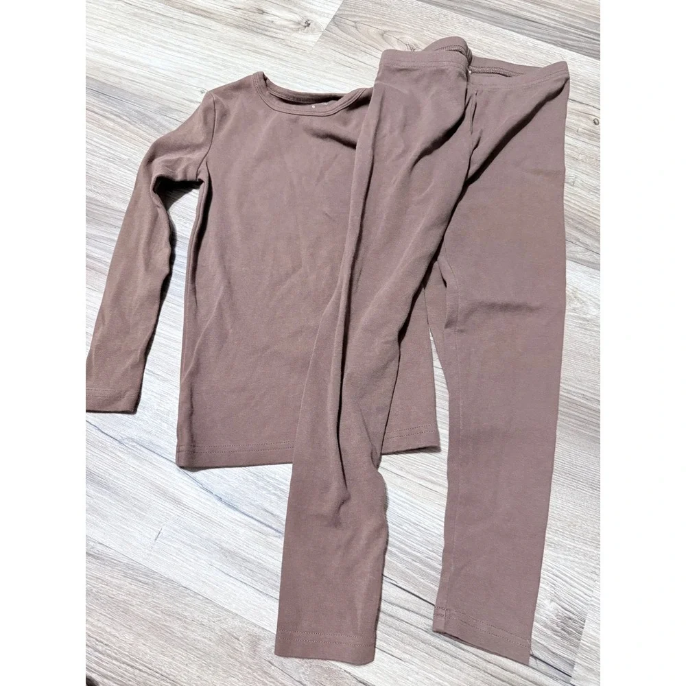 Kids Brown Long Sleeve Pajama Set Ribbed Knit Top and Leggings Loungewear 2PC
